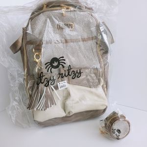 BUNDLE - Itzy Ritzy Vanilla Latte Boss Backpack Diaper Bag & Pacifier Pod Charm